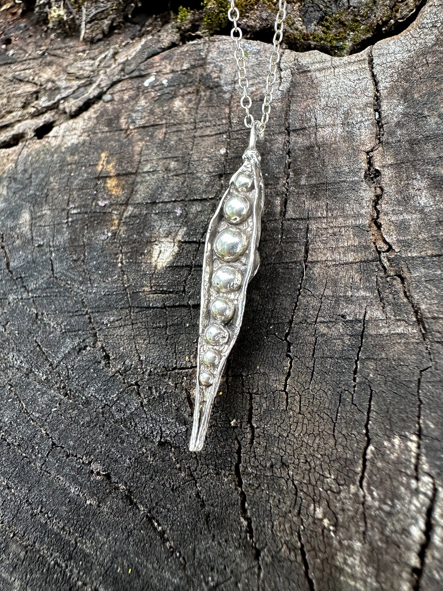 Hand Carved Peapod solid silver adjustable necklace
