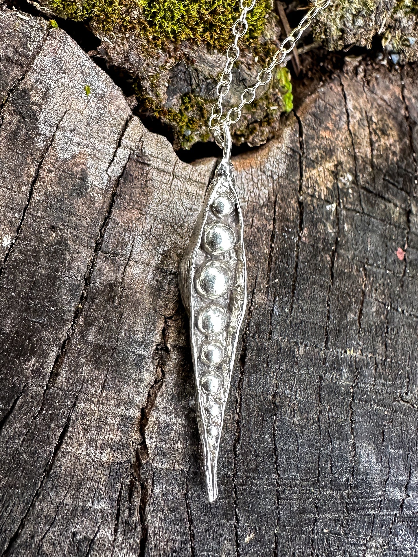 Hand Carved Peapod solid silver adjustable necklace