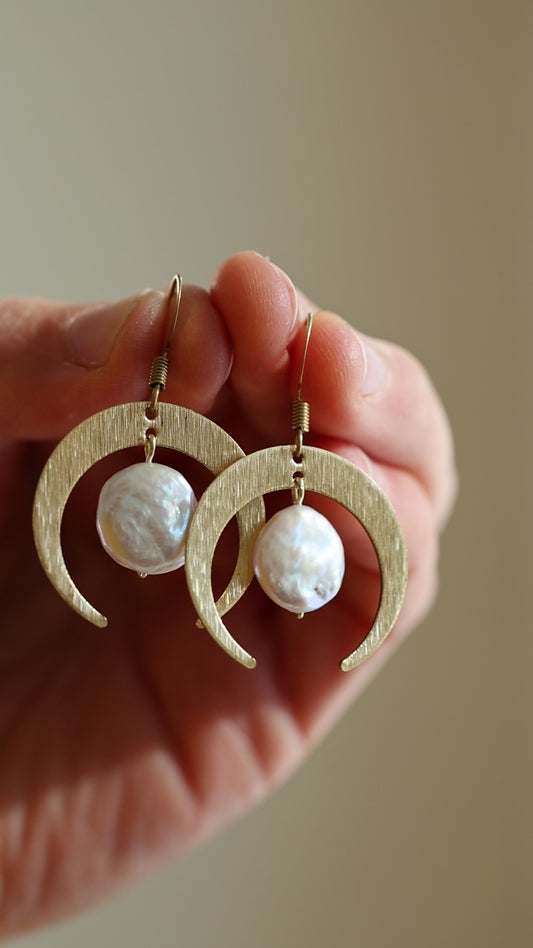 Coin Pearl with moon , Solid Brass Earrings, Fresh Water Pearl