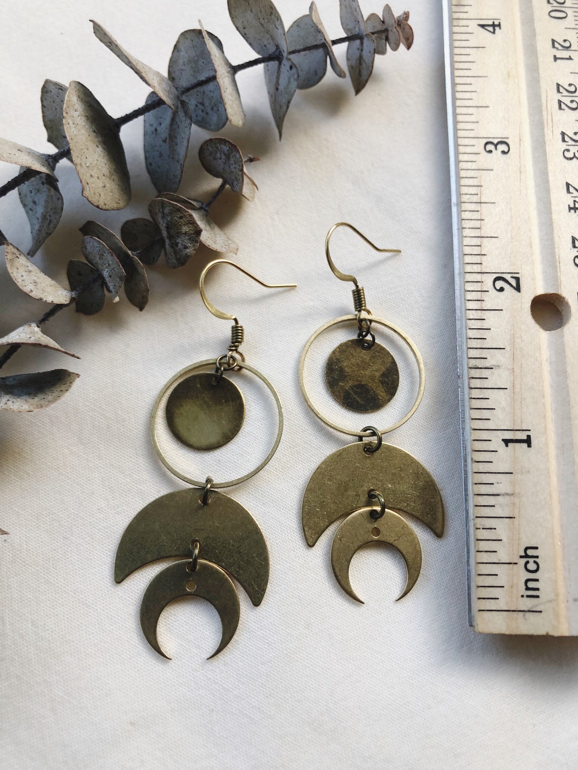 Brass, geometric, boho, gold colored jewelry, Christmas, handmade, Made in Maine, local earrings, artisan, hippie, chic, classic, rustic