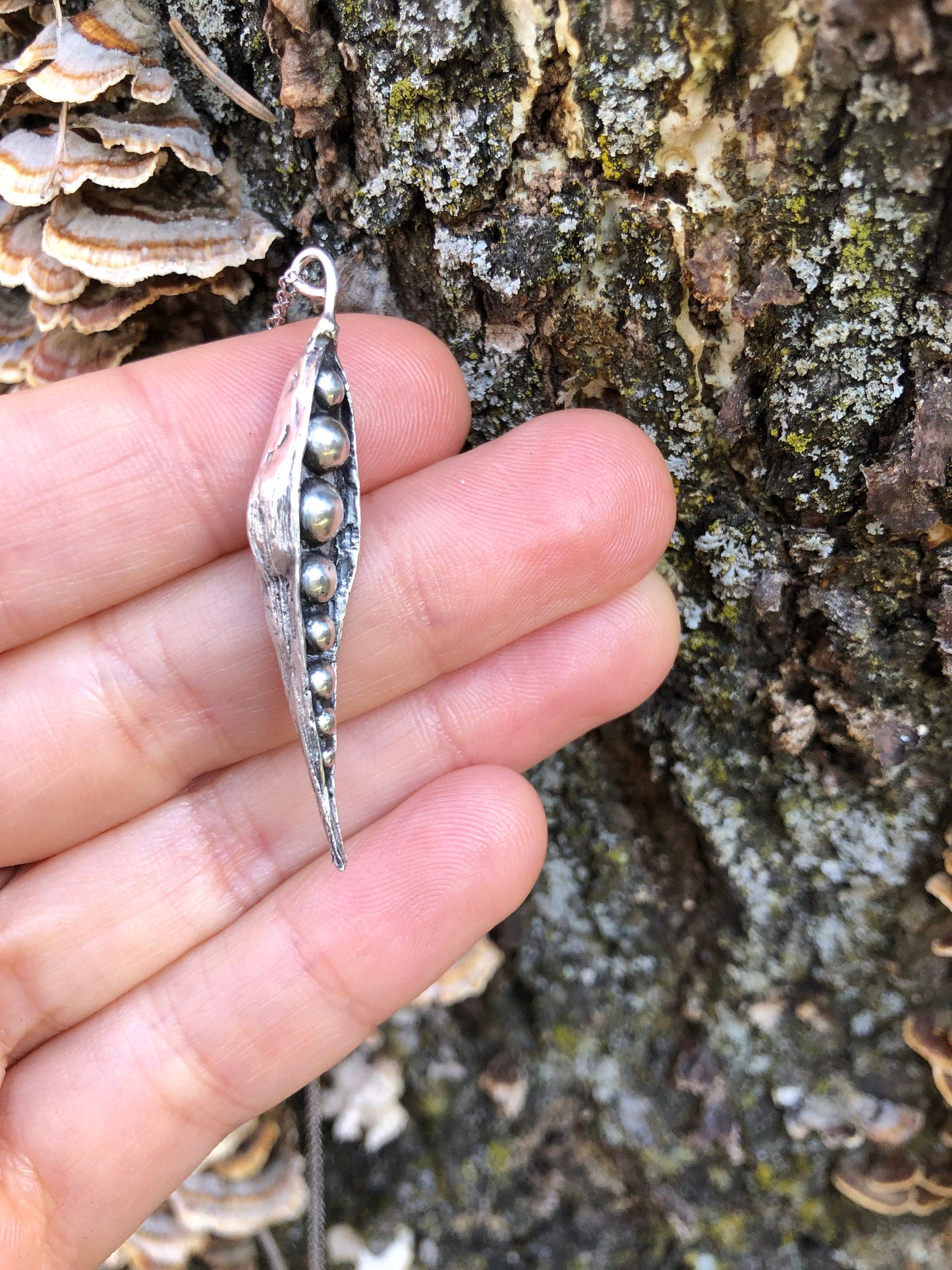 Organic textured, Sterling silver pea pod necklace, Handmade in Maine.