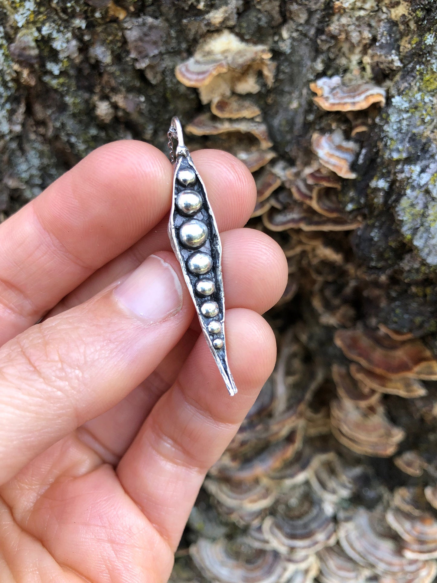 Organic textured, Sterling silver pea pod necklace, Handmade in Maine.