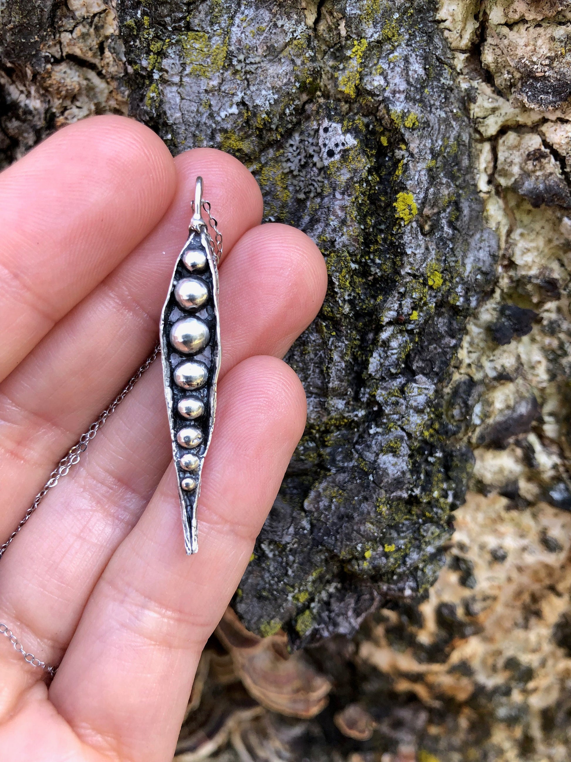 Organic textured, Sterling silver pea pod necklace, Handmade in Maine.