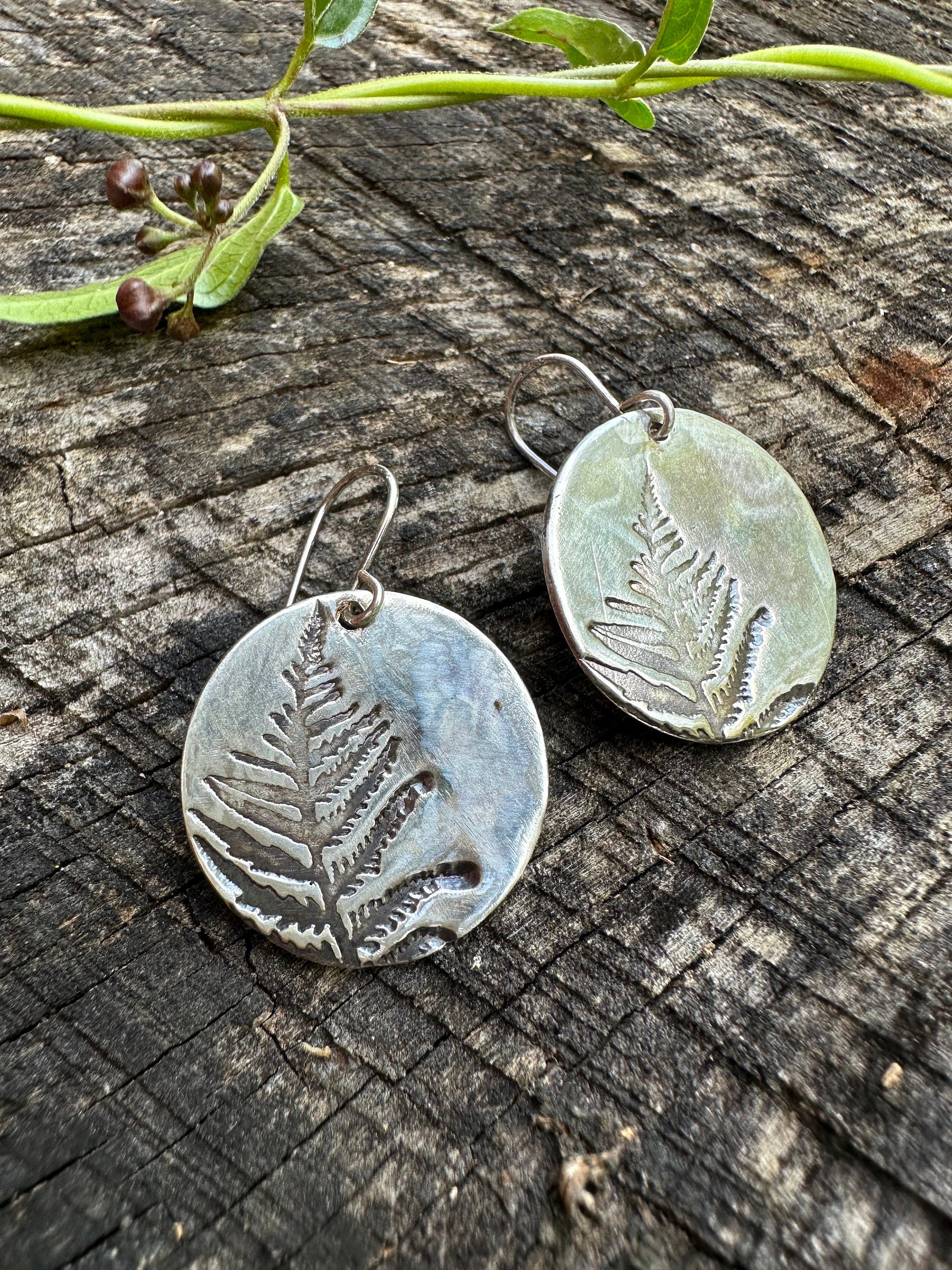 Lightweight Fern disc earrings, Recycled Sterling silver, circle, Eco-friendly, Maine Made, Maine art, Maine print, minimalist,
